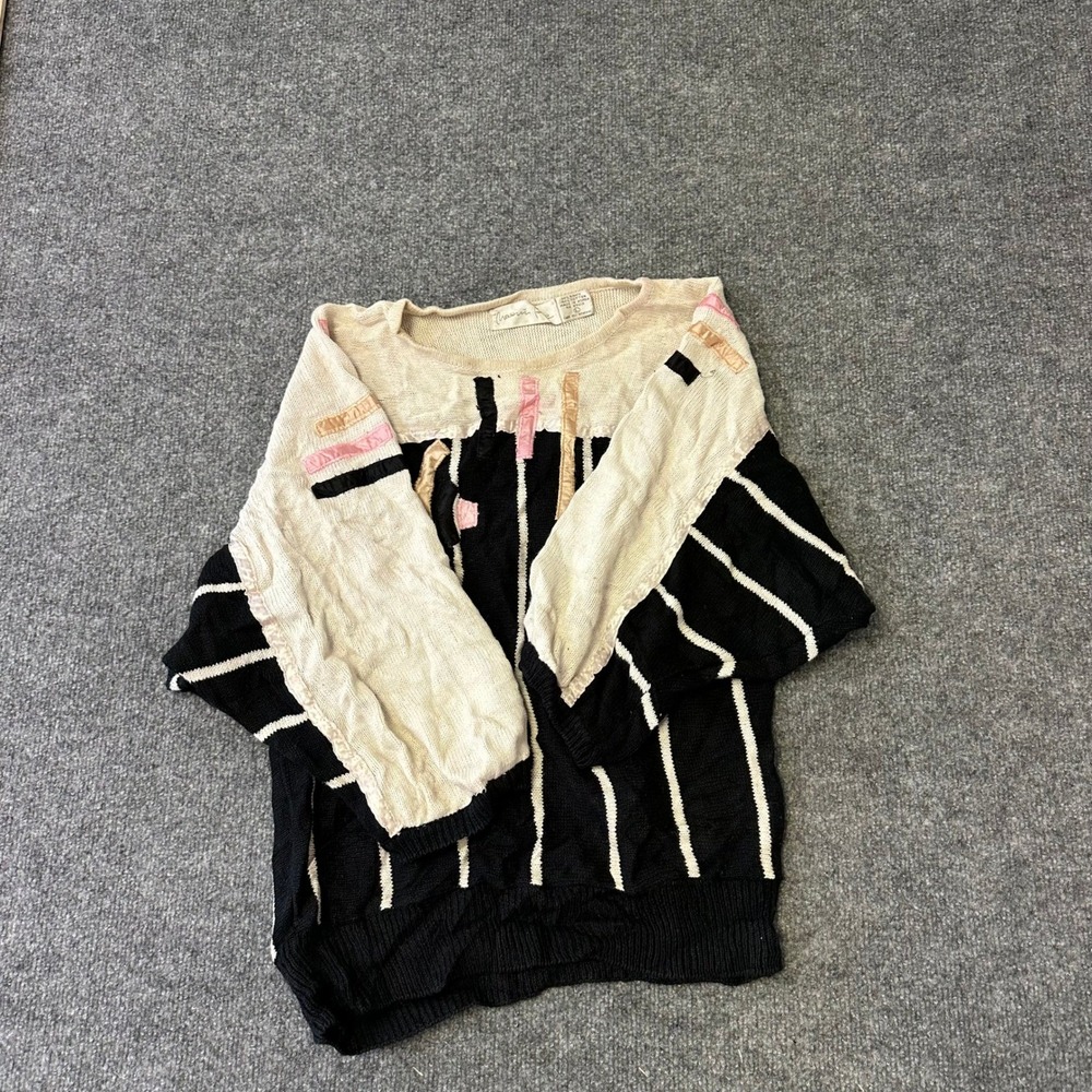 Naomi Fe Sweater Womens Size L Black Beige Striped Ribbon Detail Knit Pullover